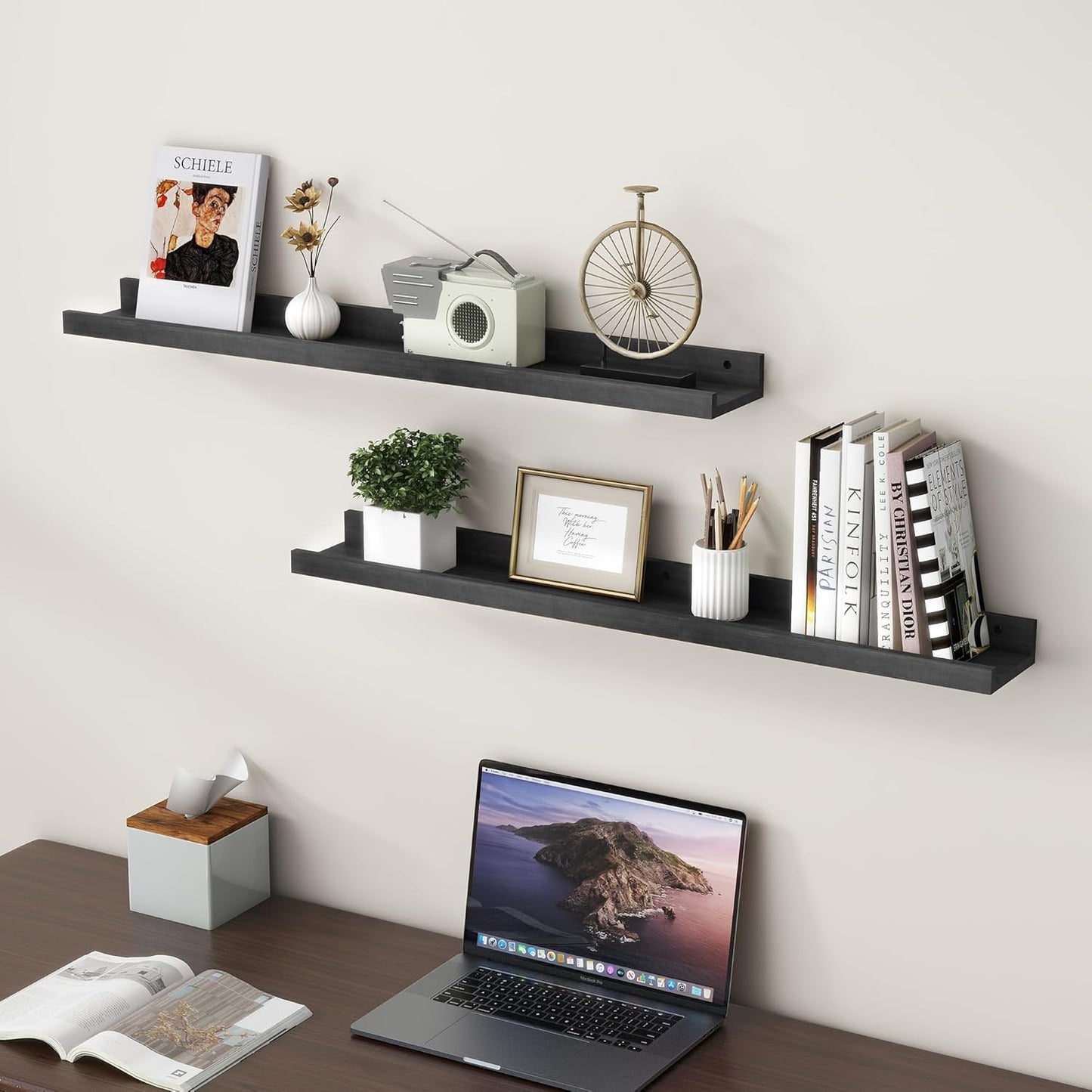 Picture Ledge Shelf for Wall, 36 inch Solid Pine Wood Nursery Book Shelves 2 Packs, Floating Ledge Shelves for Kids' Room Bedroom Bathroom Living Room Photo Frames Office Nursey Wall Decor, Black