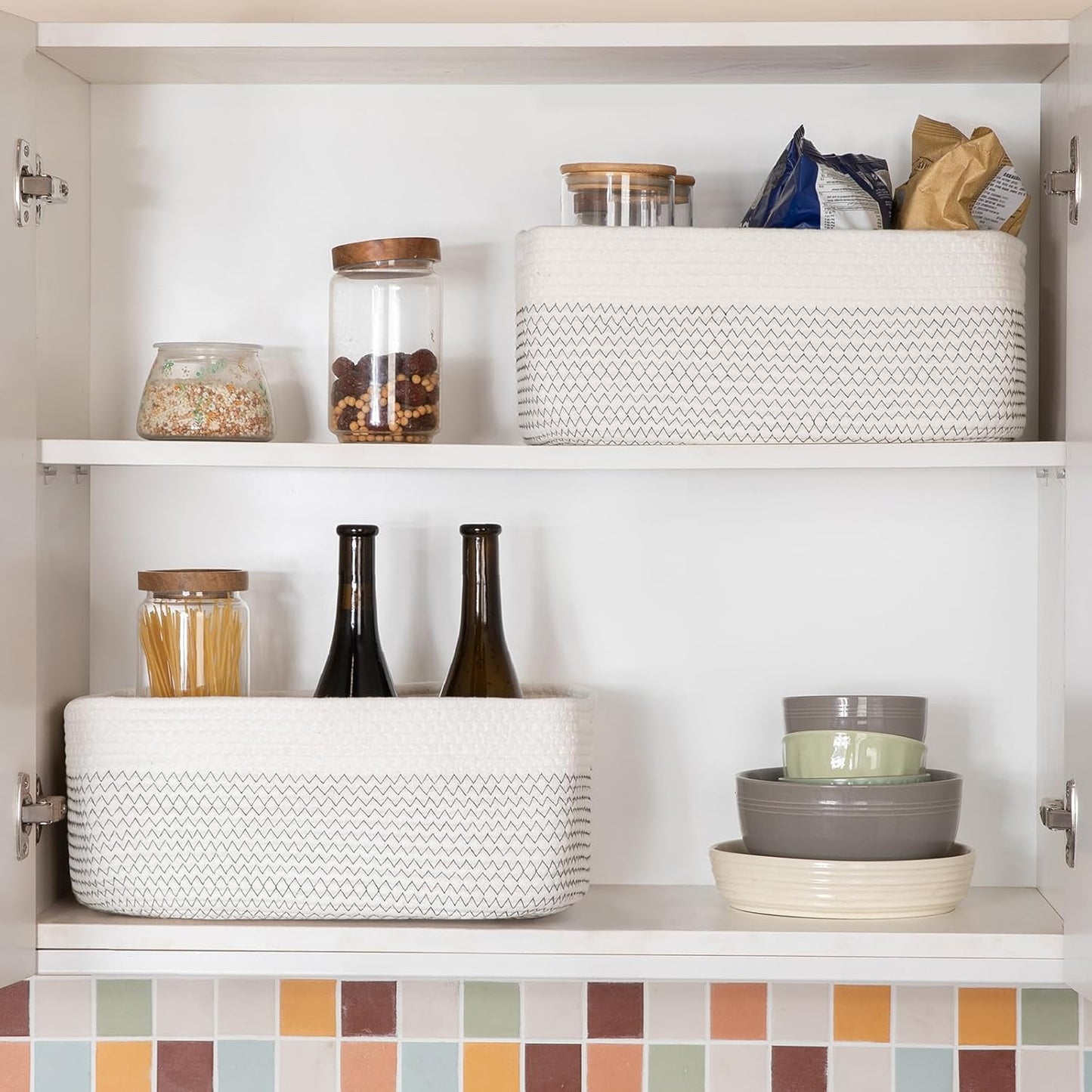 Storage Baskets for Organizing 3 Pack, Woven Baskets for Shelves, Closet Organizer Bins Empty Gift Basket Toy Storage for Toys, Books, Towels, Clothes, 15"x11.42"x6.7", White & Black