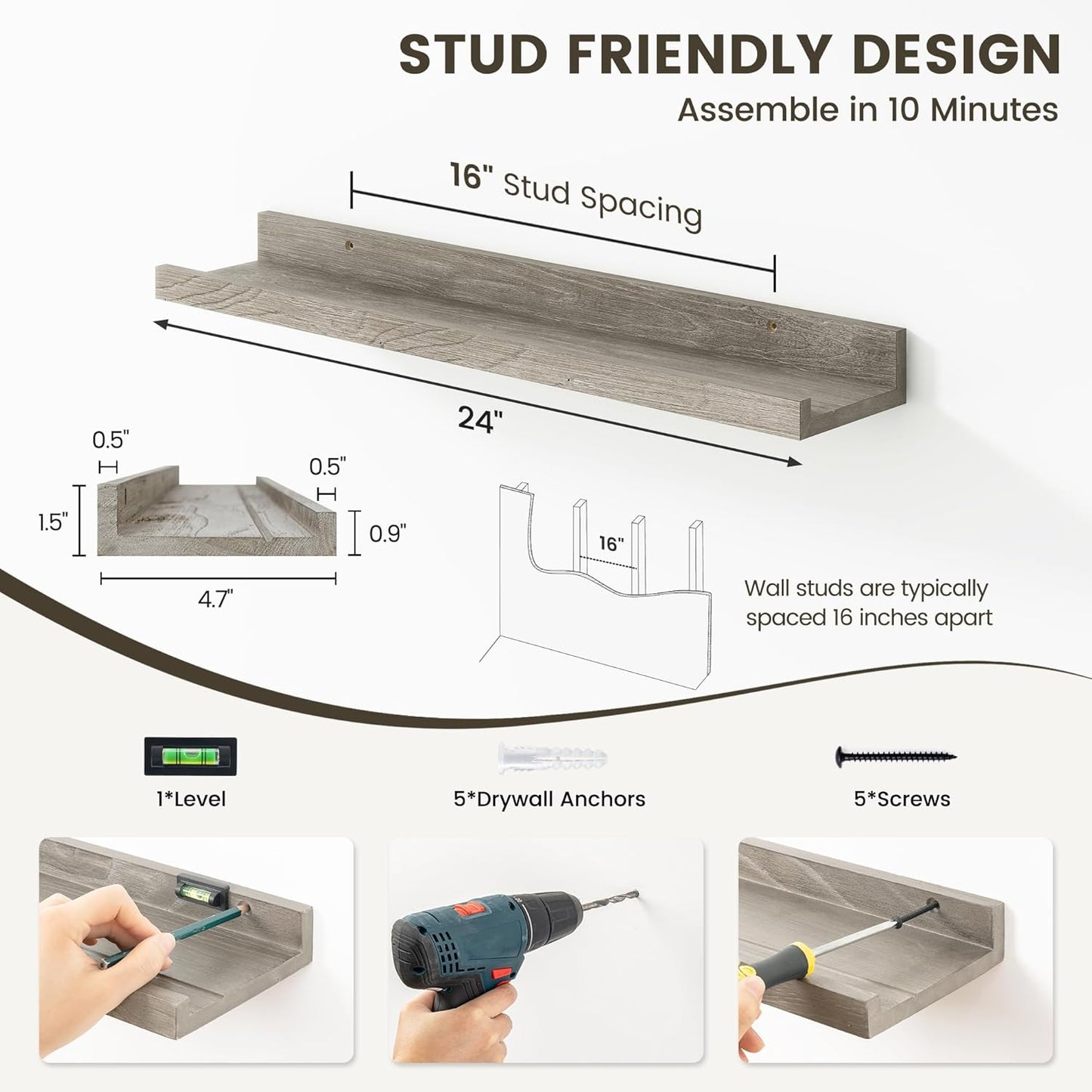 Picture Ledge Shelf - 24 Inches Floating Shelves Set of 2 - Rustic Elm Wood Ledge Shelves for Toys Storage, Kids Bookshelf Wall Mounted for Bedroom, Living Room, Kitchen - 24 Inches - Grey