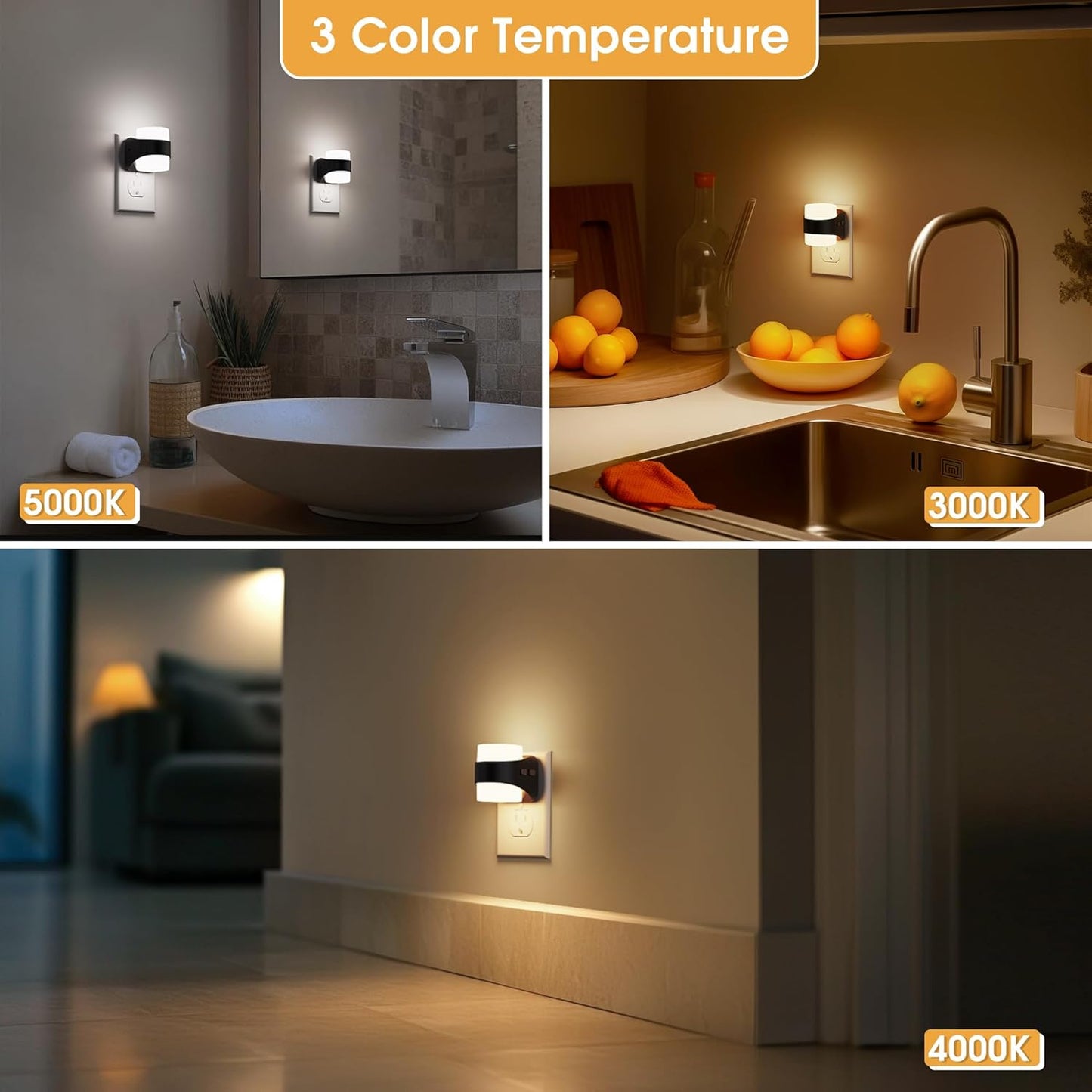 Night Light, Night Lights Plug into Wall, LED Nightlight for Kids & Adults, 3CCT Adjustable 3000K/4000K/5000K Color, Dusk to Dawn Sensor, 3 Brightness Levels, 2 Pack