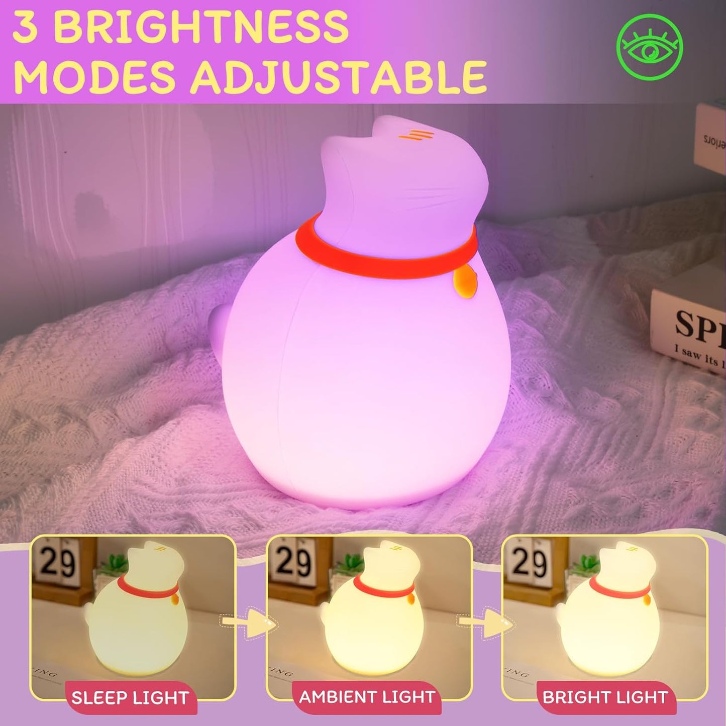 7-Color Changing Cat Night Light, Silicone Rechargeable Nursery Light with Timer & 3 Modes, Kids Bedroom Lamp Touch Sensor (Cute Animal Design)
