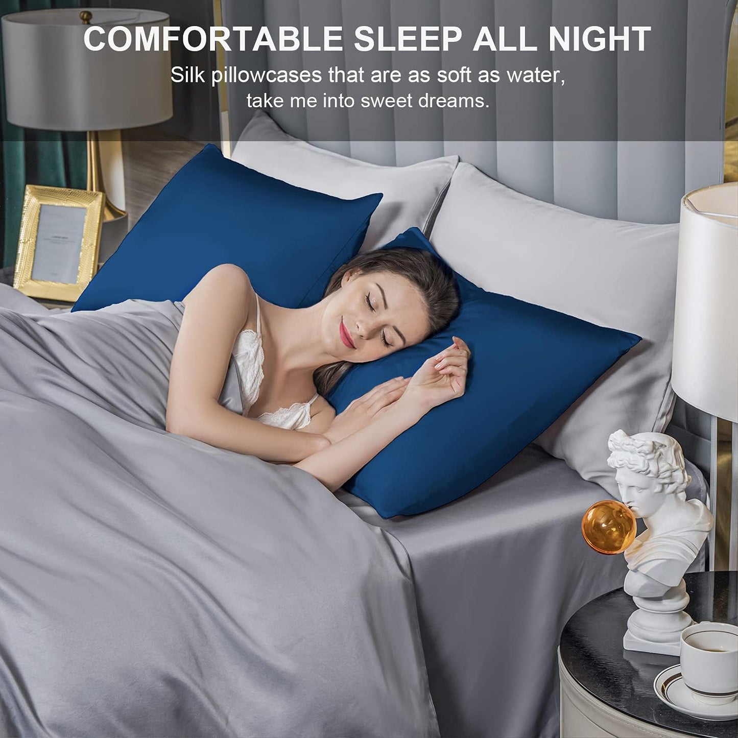 Mulberry Silk Pillowcase for Hair and Skin,Queen Size Cooling Silk Pillow Case with Hidden Zipper,Allergen Proof Dual Sides Soft Breathable Smooth Silk Pillow Cover for Women(Queen,Gem Blue)