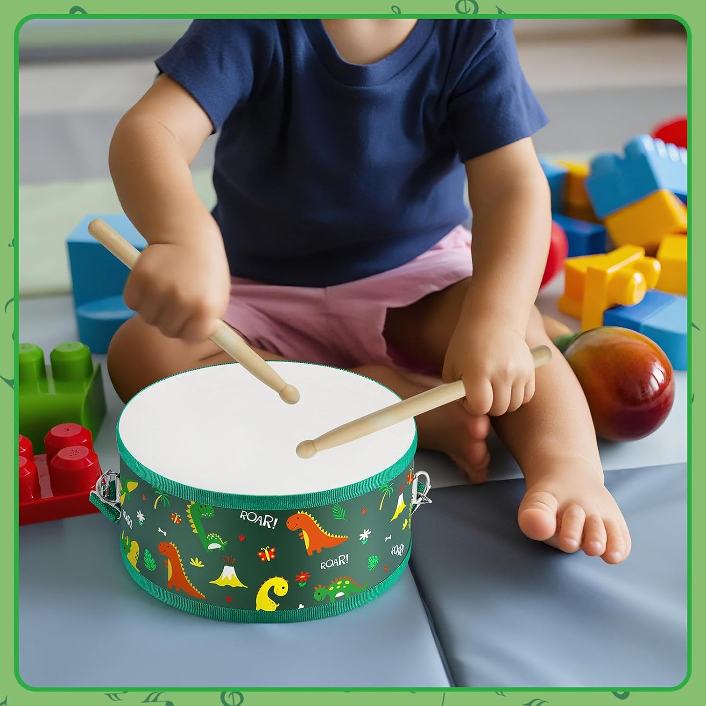 Boao 1 Pc Kids Drum Set, 8 Inch Toddler Drum Wooden Toy with Adjustable Strap and 4 Drumsticks, Educational Sensory Musical Instrument for Toddlers Kid Baby Boys Girls Gift (Dinosaur)