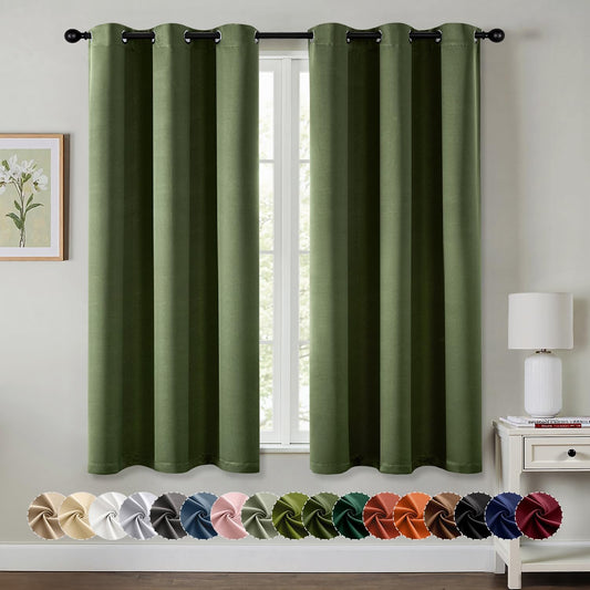 MIULEE Olive Green Blackout Curtains for Bedroom Living Room 63 Inches Long 2 Panels, Thermal Insulated Room Darkening Drapes Solid Grommet Top Noise Reducing Dark Green Window Treatments 40x63 Inch