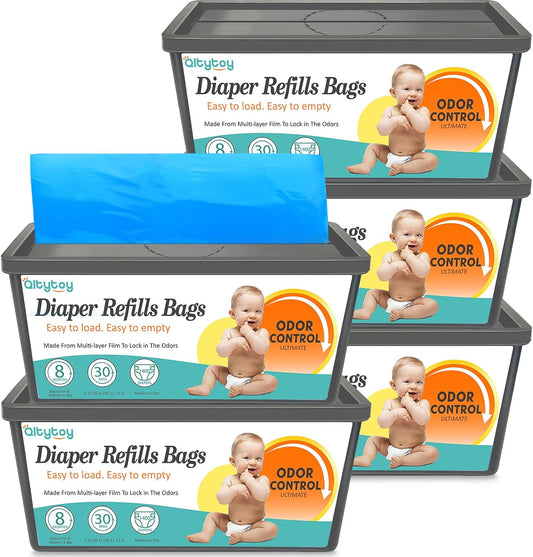 Refills Compatible with Diaper Genie Easy Roll Signature & Platinum Diaper Pail,5-Pack (150 Bags) for 7000 Newborn Diapers,7-Layer Powerful Odor Control.Extra Thickness,Durable & No Tear