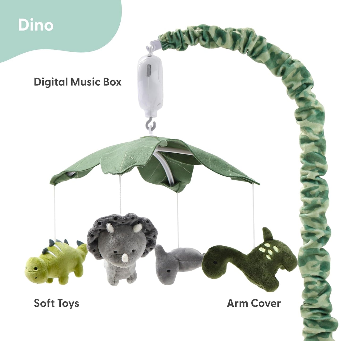 The Peanutshell Crib Mobile for Boys or Girls - Grey and Green Camo Musical Baby Crib Mobile with 12 Lullabies, Dino Baby Dinosaur Nursery Decor