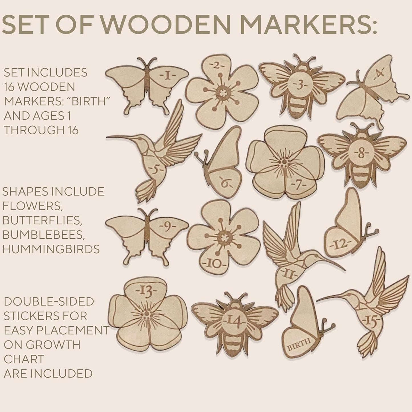 Wooden Growth Chart Markers for Kids Height Measurement, Woodland Shapes.