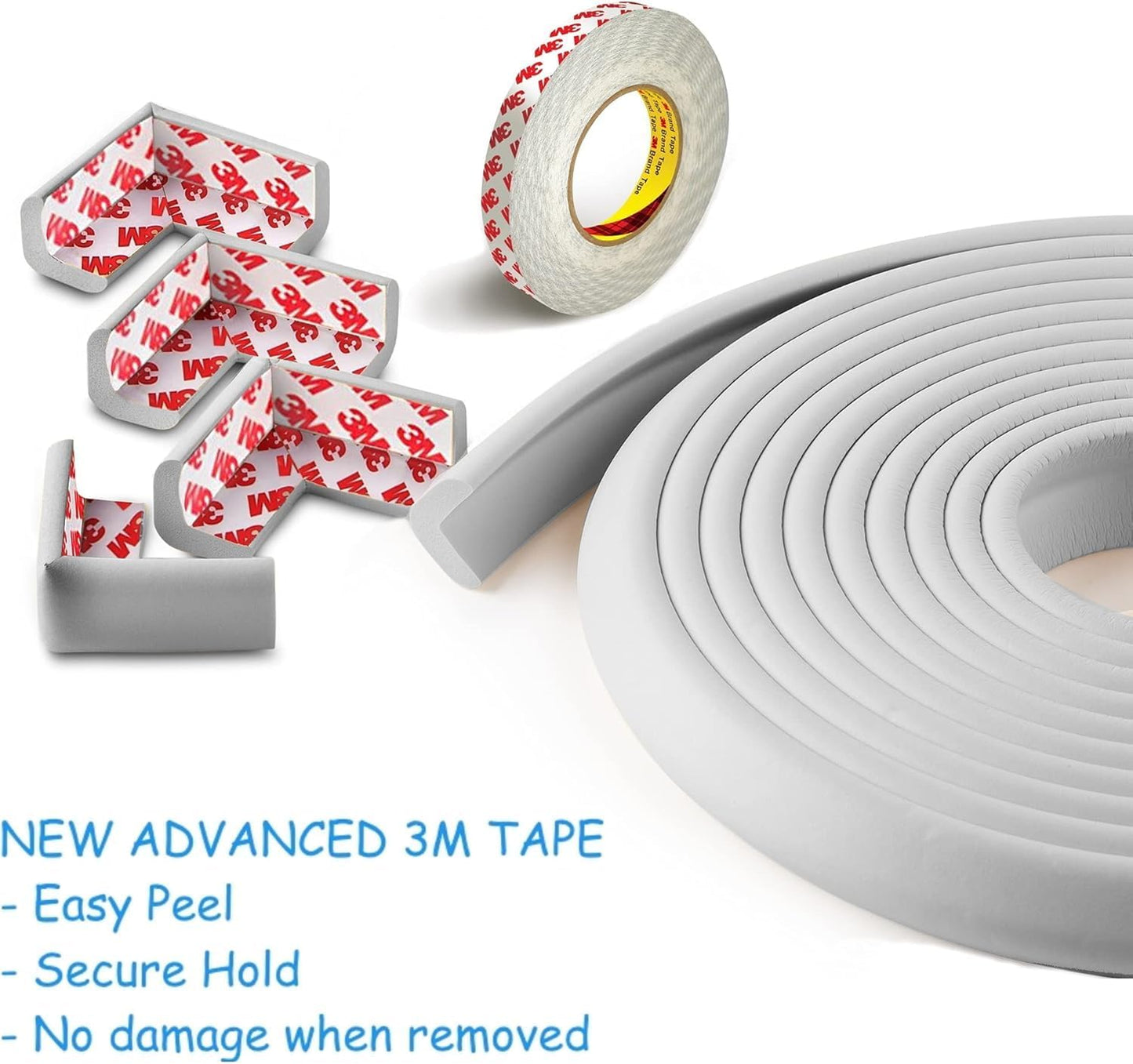 Sharp Edge & 16.2ft Furniture Safety Guards | Protective Foam Cushion | 15ft Bumper 4 Adhesive Childsafe Corners | Baby Child Proofing Foam Set and Safe for Table, Fireplace, Countertop | Gray