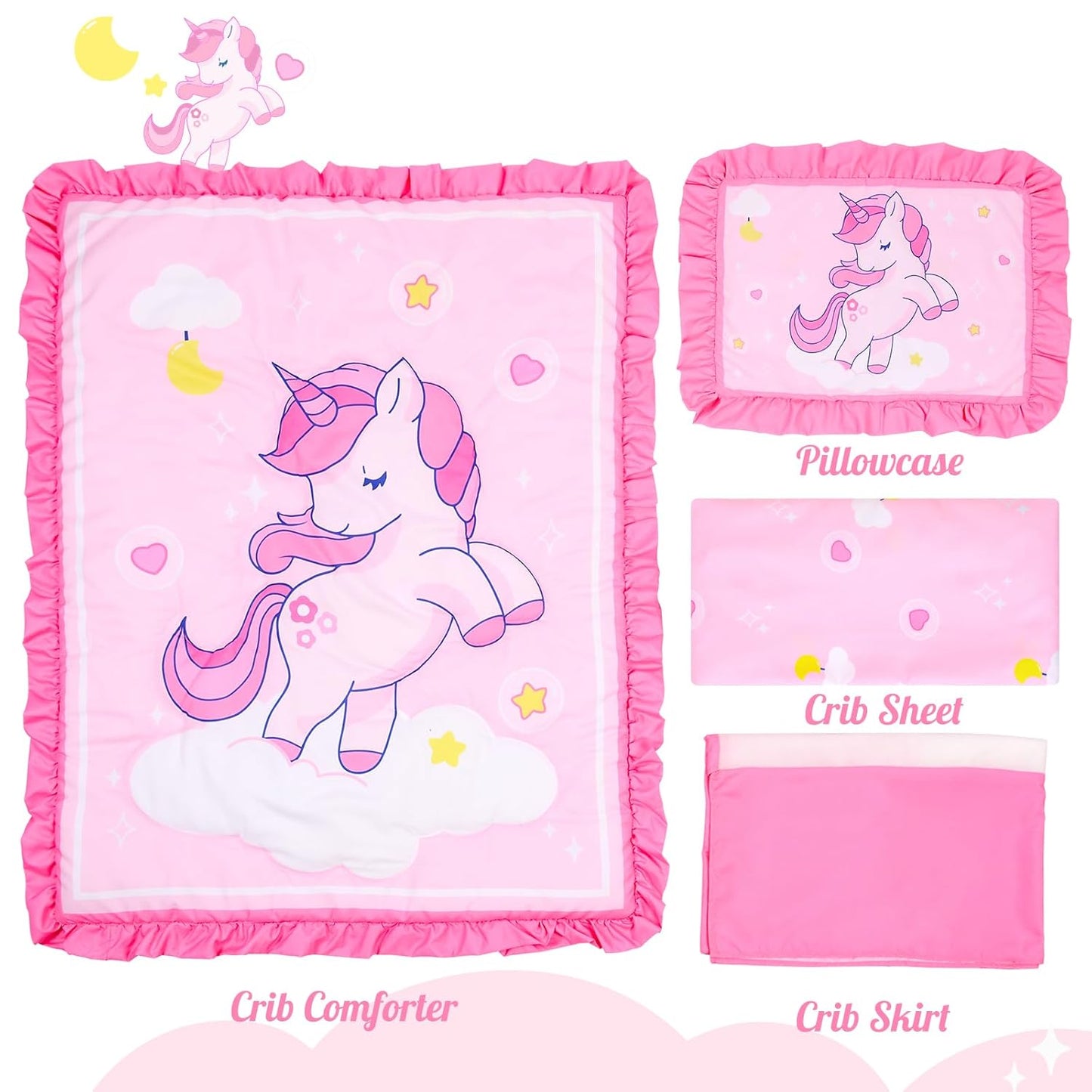UOMNY Crib Bedding Set for Girls 4 Piece Unicorn Baby Girl Crib Bedding Sets with Baby Comforter Crib Sheet Crib Skirt Pillowcase Nursery Bedding Set