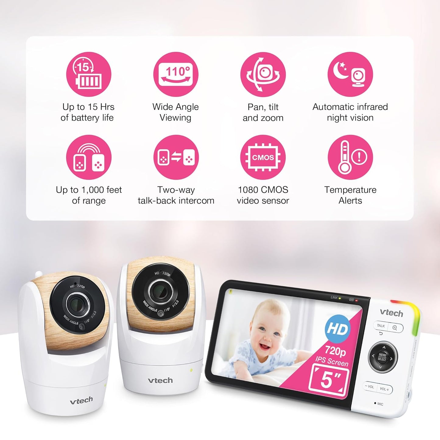 VTech VM928-2HD 5” 720p HD Display 2 Cameras Baby Monitor,110 Wide Angle View,Remote Pan-Tilt-Zoom,Night Vision,Up to 1000ft Range,Temperature Sensor,9 Soothing Sounds & Lullabies,2-Way Talk,No WiFi