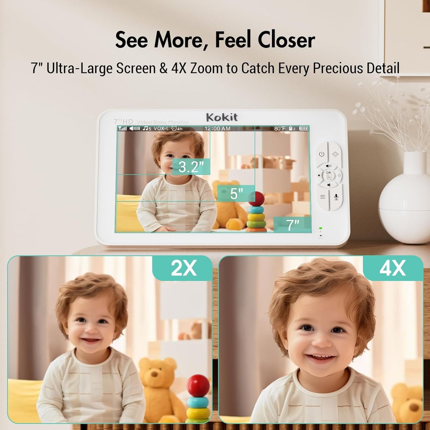 7" 1080P Full HD Video Baby Monitor No WiFi,100 Hrs 5000mAh Battery Runs 4 Days,4X Zoom,Remote 355° Pan-Tilt,2-Way Talk with Temp Alert/Lullabies/VOX