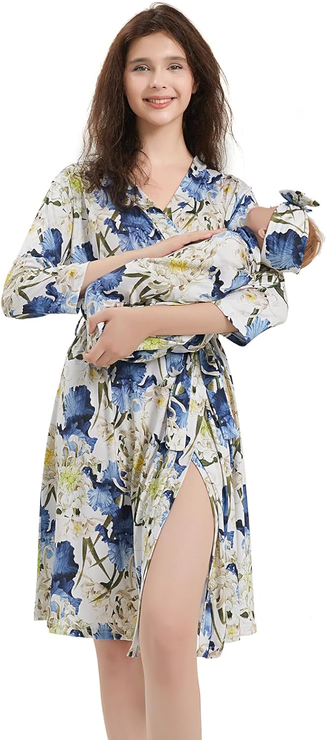 Galabloomer Maternity Robe and Baby Receiving Blanket, Matching Mommy Labor Delivery Robe and Swaddle Set (s, blue white)