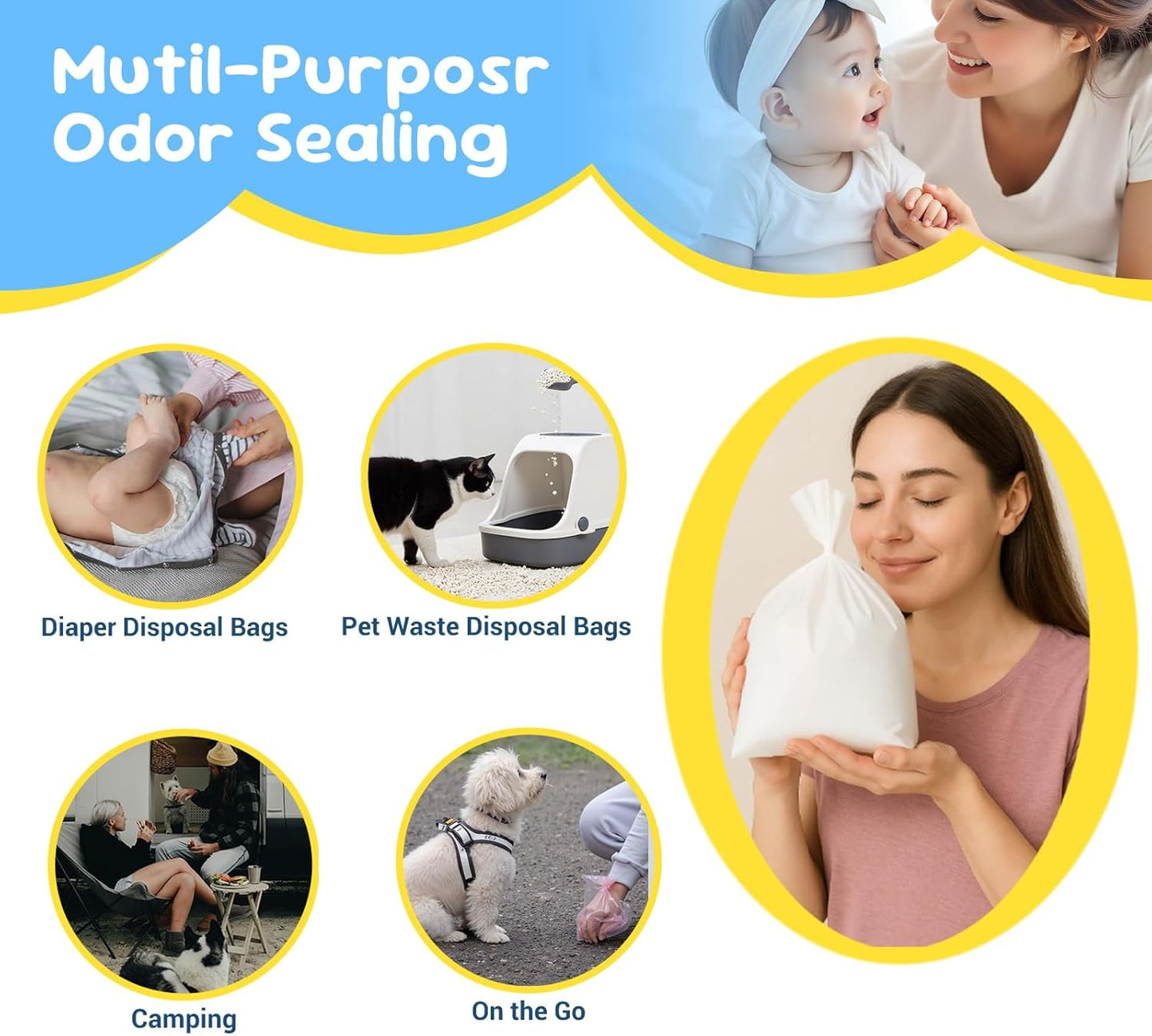 Odor Sealing Baby Diaper Disposal Bags - M/220 Counts Unscented, Durable Diaper Trash Sacks for Home, Travel & On-the-Go Use (Color:White)