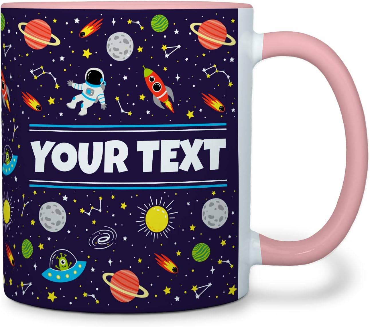 Personalized Mug for Kids - Outer Space - Custom Name/Text, Ceramic Hot Chocolate/Cocoa/Coffee Cup for Boys/Girls, Birthday/Christmas/Holiday Gift - 11 oz, Pink Handle