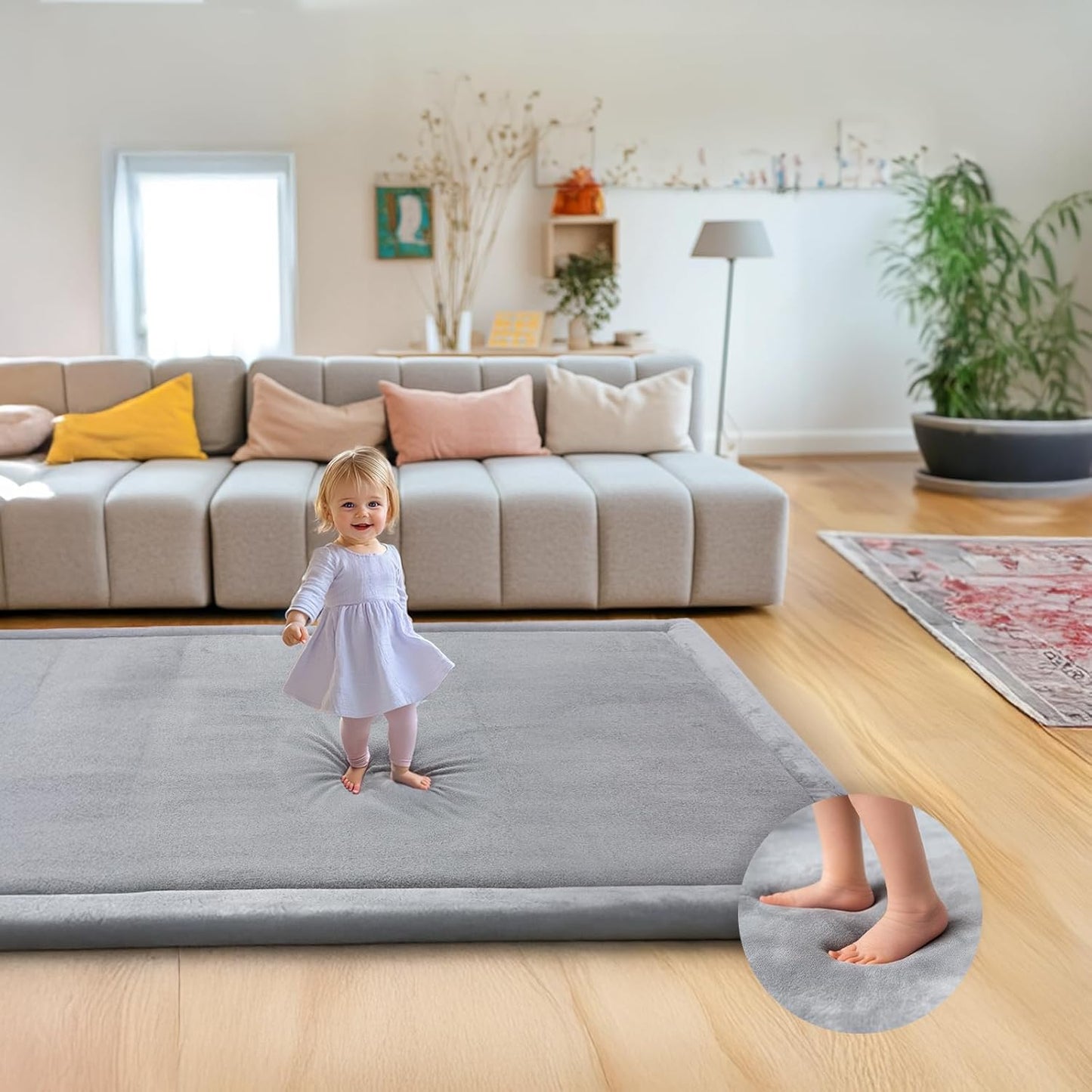 Ultra Soft 1.3" Thick Baby Play Mat for Floor, Large Velvet 71x59 Playpen Mat, Baby-Safe & Non-Slip Tummy Time Mat, Crawling Mat for Babies, Toddlers, Infants, Kids, Easy Care, Gray