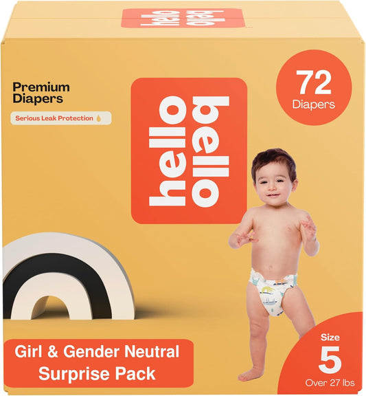 Hello Bello Premium Diapers, Size 5 (27+ lbs) Surprise Pack for Girls - 72 Count, Hypoallergenic with Soft, Cloth-Like Feel - Assorted Girl & Gender Neutral Patterns
