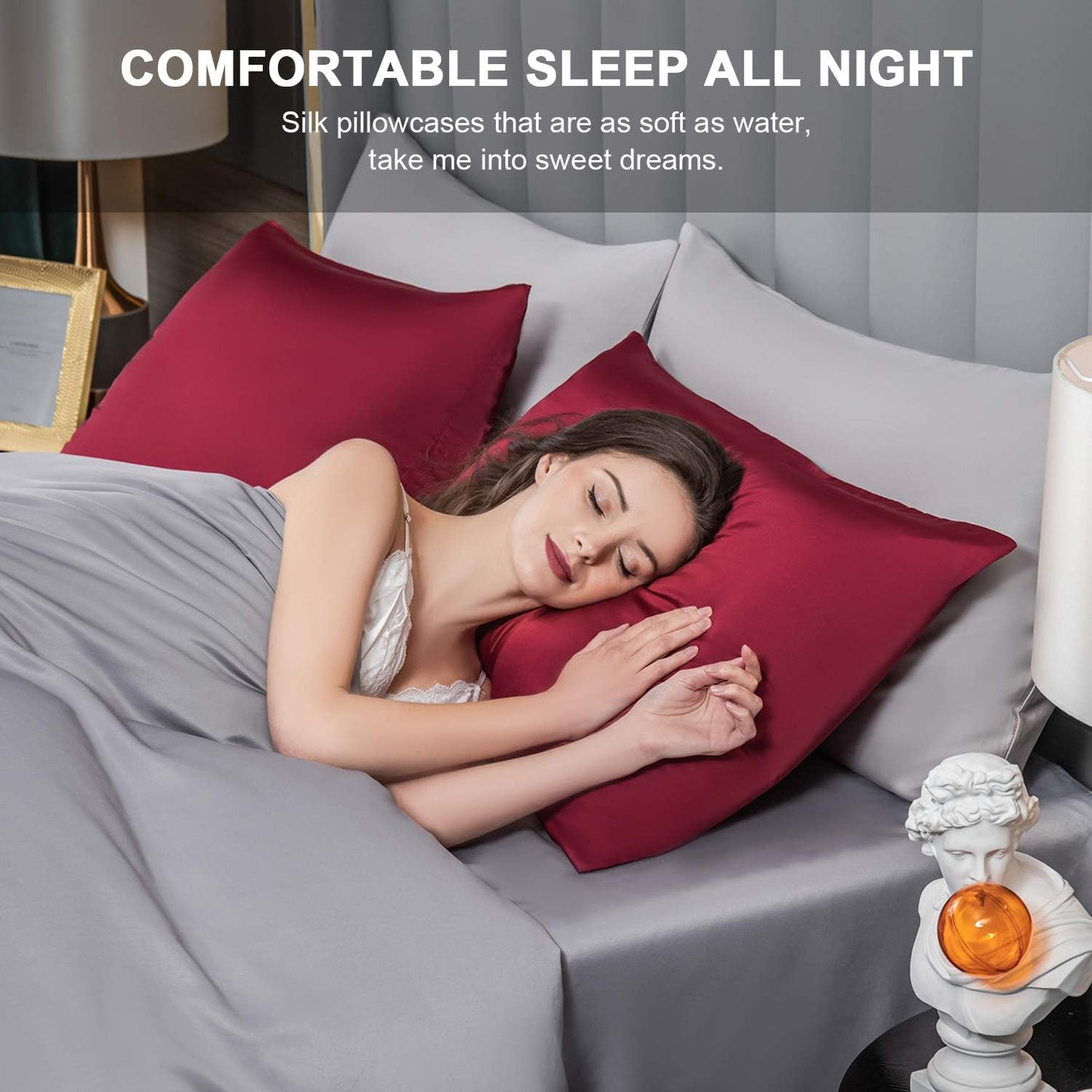 Mulberry Silk Pillowcase for Hair and Skin,Queen Size Cooling Silk Pillow Case with Hidden Zipper,Allergen Proof Dual Sides Soft Breathable Smooth Silk Pillow Cover for Women(Queen,Dark Red)