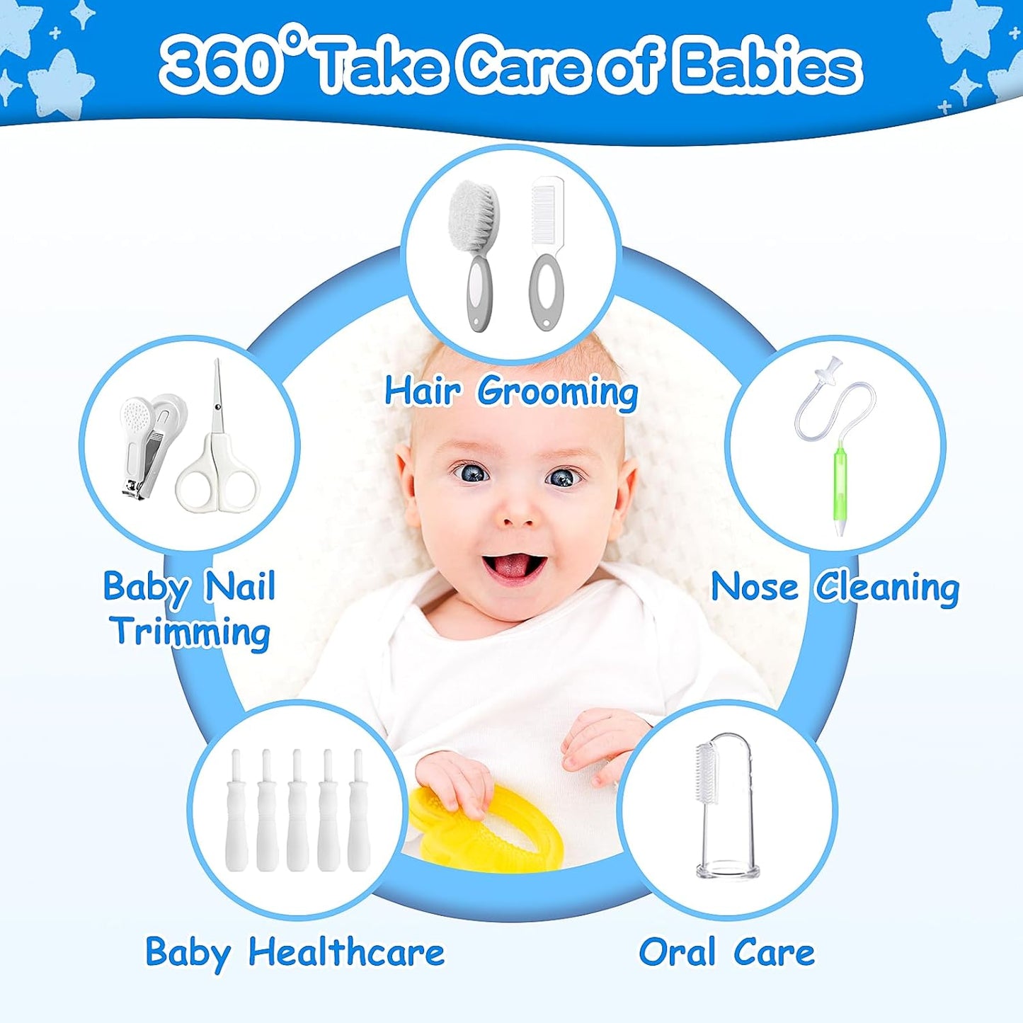 Baby Healthcare and Grooming Kit, 21 in 1 Portable Baby Essentials Kit with Gas Relief Hair Brush Comb Nasal Aspirator for Newborn Boys Girls (Grey White)