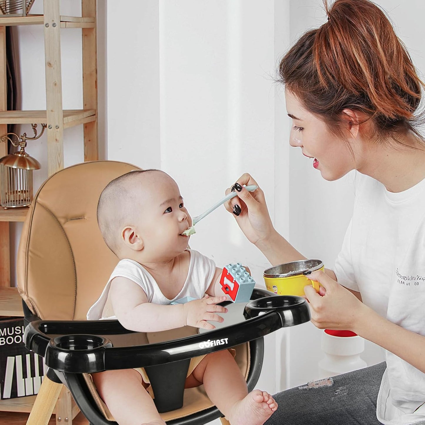 Gofirst 6 in 1 Convertible Wooden High Chair for Babies and Toddlers - Infant Dining Booster Seat With Building Block Table and 4-Position Removable Feeding Chair