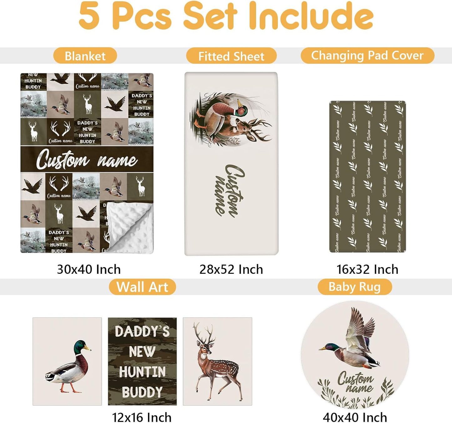 Personalized Crib Bedding Set, 5 Pcs Custom Name Nursery Bedding Set with Double Layer Blanket, Green Woodland Deer Baby Crib Set for Boys Girls, Customized Gifts for Toddlers Infants Babies