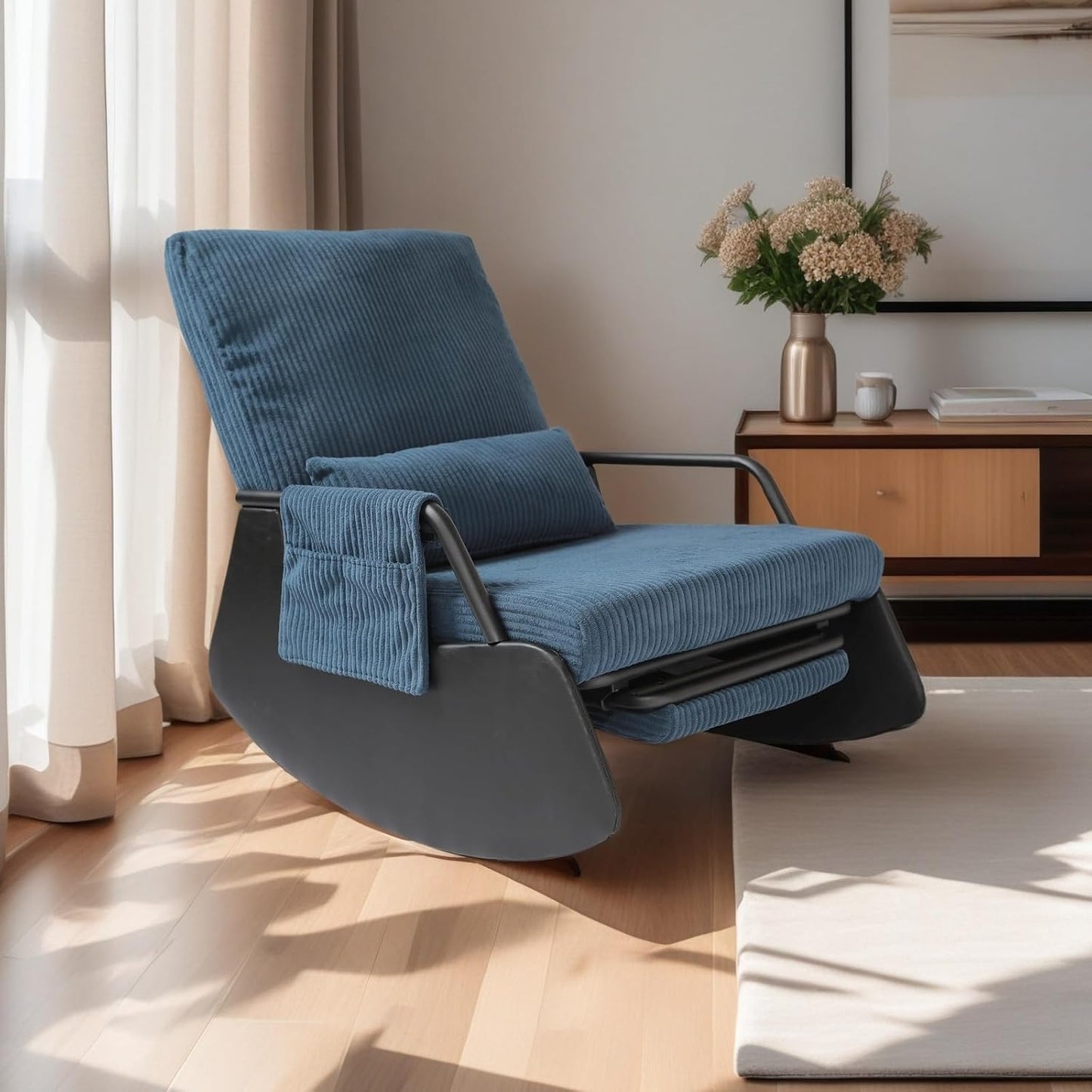 Rocking Chair for Nursery, Modern Upholstered Plush Seating Glider Recliner Chair with High Backrest and Side Pocket, Accent Armchair with Cushions for Living Room/Reading (Blue)