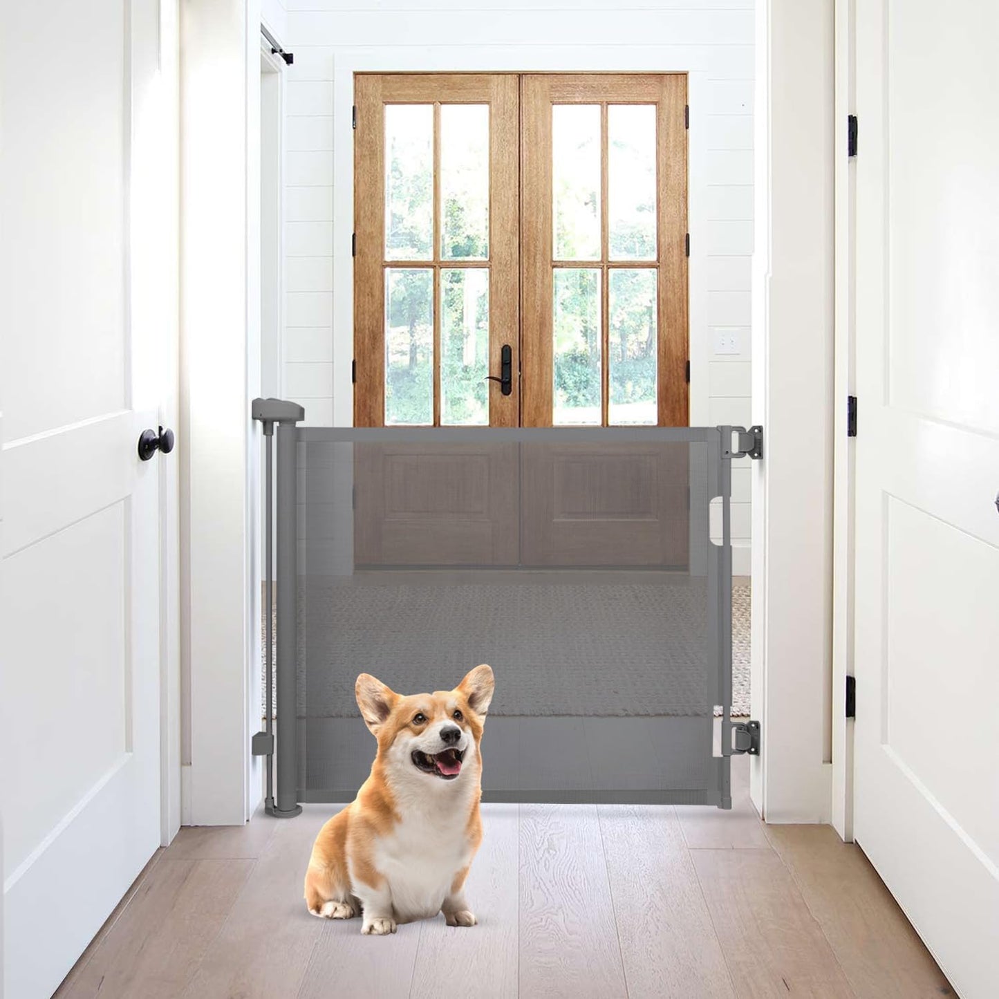 Retractable Baby Gate,Mesh Baby Gate or Mesh Dog Gate,33" Tall,Extends up to 71" Wide,Child Safety Gate for Doorways, Stairs, Hallways, Indoor/Outdoor, Grey