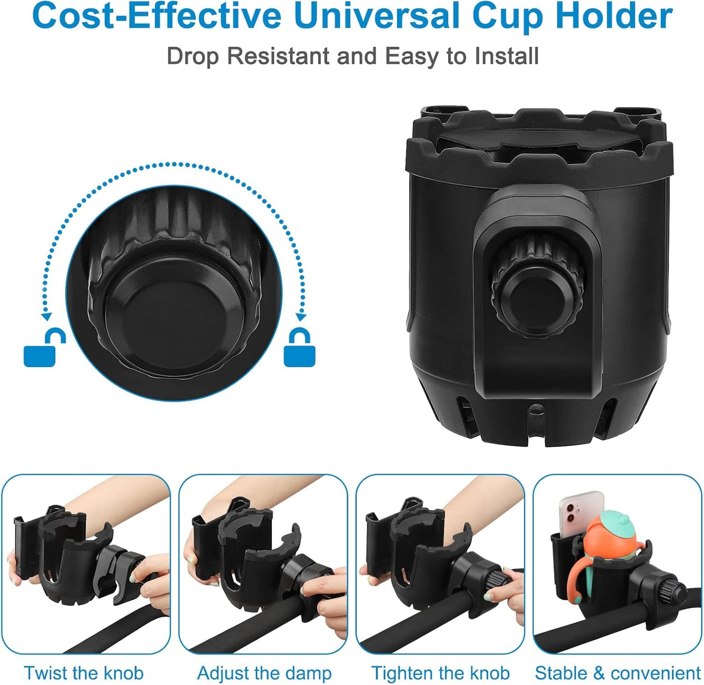 Accmor Stroller Cup Holder with Phone Holder, Universal Cup Holder, Bike Cup Holder, 360° Rotatable Large Caliber Drinks Holder for Stroller, Bike, Wheelchair, Walker