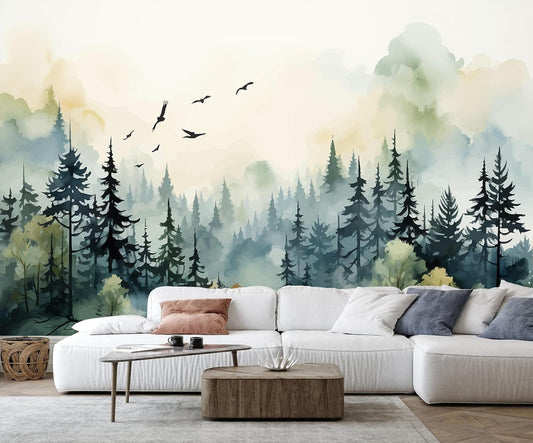 Green Watercolor Forest Wallpaper Woodland Nature Landscape Wall Mural for Living Room Bedroom Dining Room Office(Not Self-Adhesive)