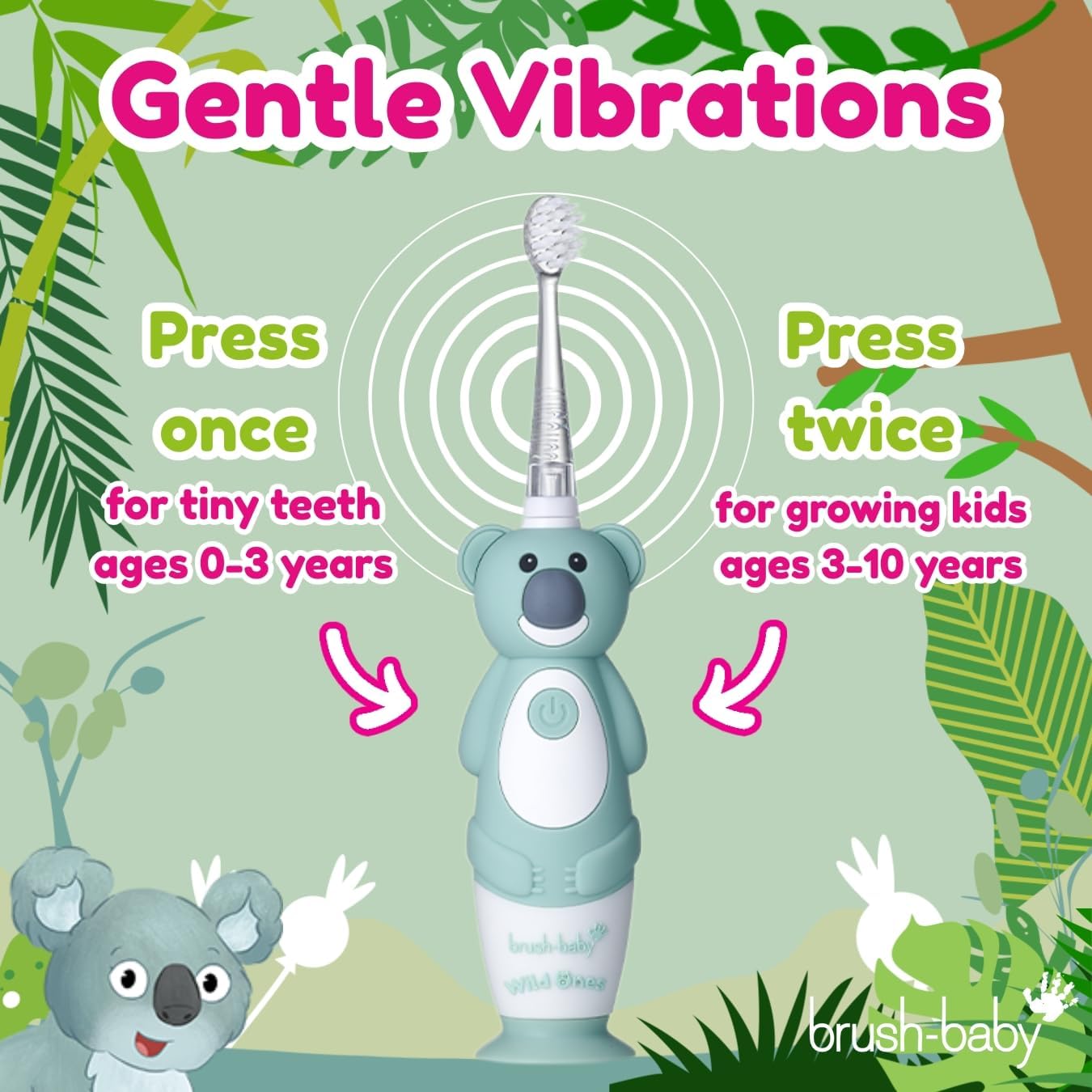 brush-baby WildOnes™ Rechargeable Kids Electric Toothbrush – Koala | Flashing Lights, 2-Min Timer, Waterproof, 3 Brush Heads | Toddler & Child Toothbrush Ages 0-10 | Soft Bristles