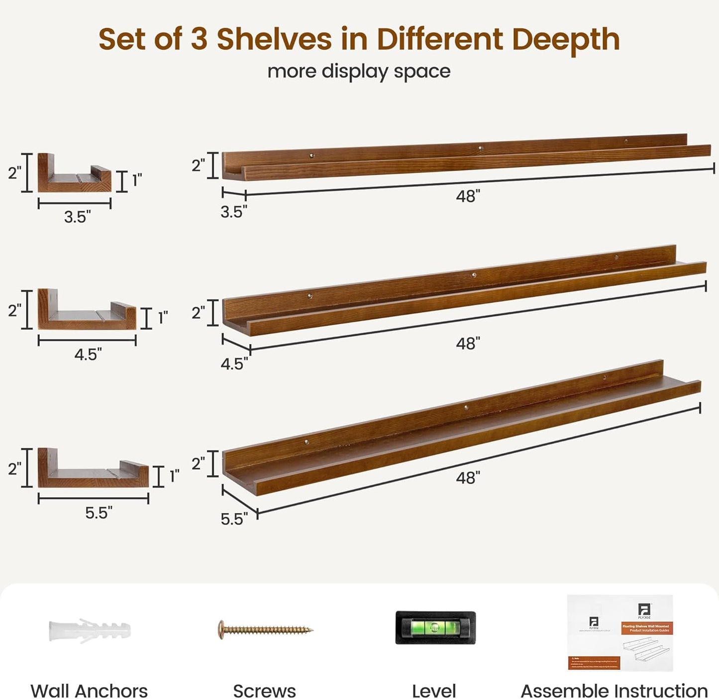 Picture Ledge Wall Shelves 48 Inches Width Set of 3, Solid Pine Wood Rustic Floating Ledge for Kids' Room Bedroom Kitchen Bathroom, Long Floating Shelves for Wall Decor, Walnut