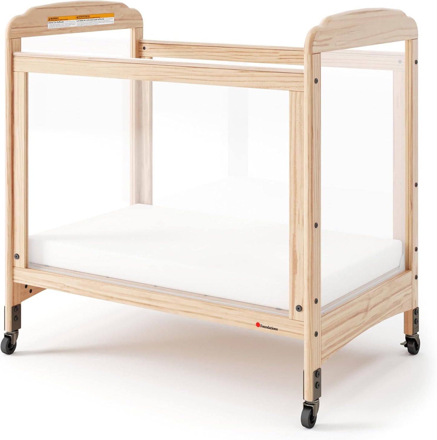 Foundations Serenity Compact Clearview Daycare Crib, Fixed Side, Durable Wood Construction, Non-Marking Casters (2 Locking), Includes 3” InfaPure Foam Mattress (Natural)