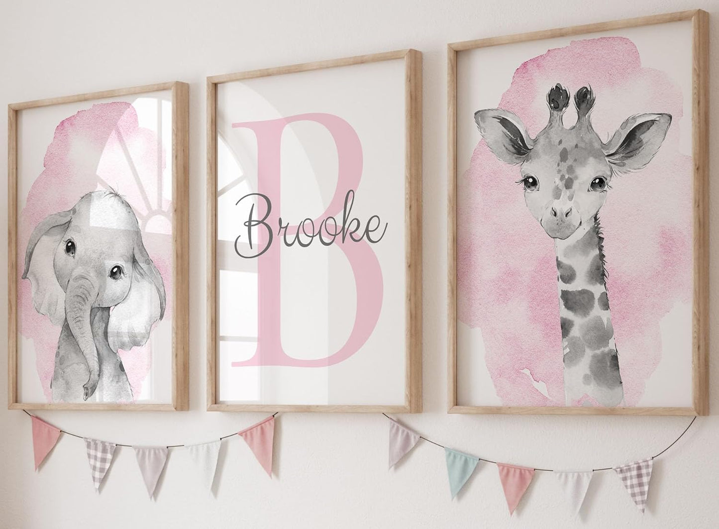 Safari Animals Set of 3 Unframed Poster Prints for Baby Girls Nursery Bedroom Playroom, Personalized Name, Choice of 12 Animals, Pink Purple (11x14)