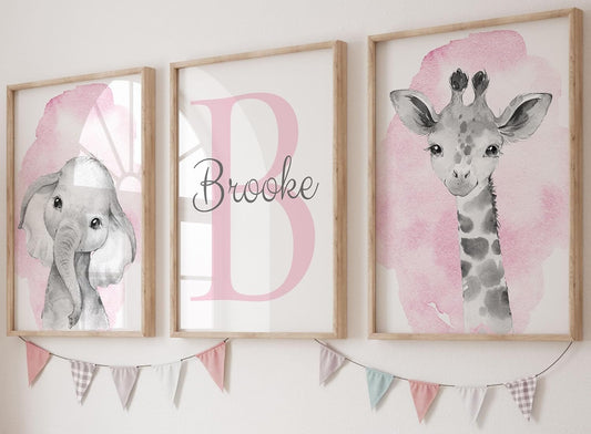 Safari Animals Set of 3 Unframed Poster Prints for Baby Girls Nursery Bedroom Playroom, Personalized Name, Choice of 12 Animals, Pink Purple (12x16)