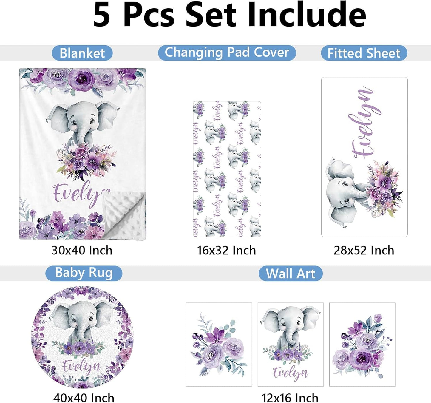 Personalized Baby Crib Bedding Set, 5 Pcs Custom Baby Bedding Set with Name, Double Layer Baby Elephant Crib Set for Girls, Soft Flannel Nursery Bedding Set, Toddlers Infants New Parents Gift