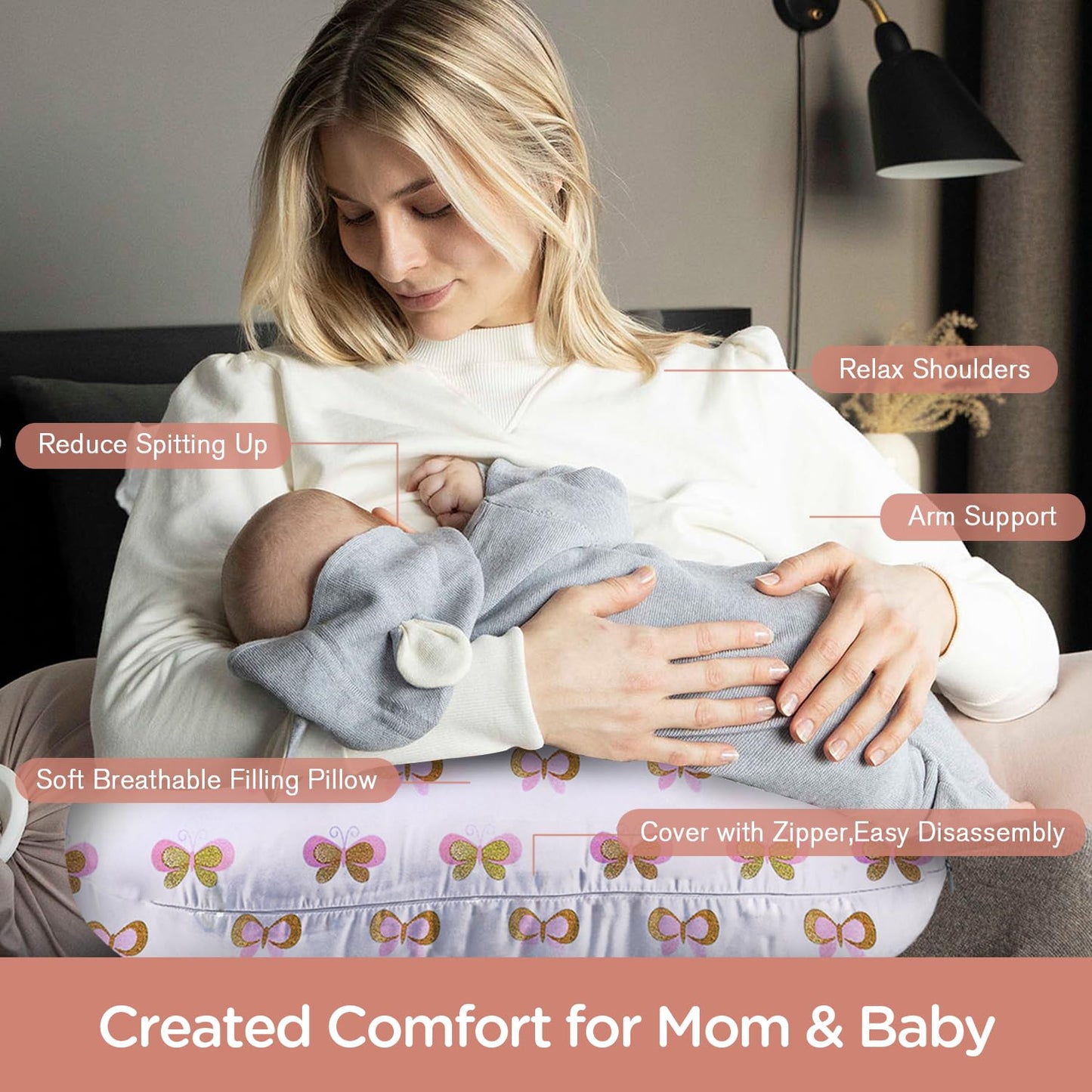 Little Grape Land Nursing Pillow, Breast Feeding Pillows for Mom, Butterfly Soft Cover with Breathable Filling, Feeding Support Pillow for 0-12 Months, Multifunctional Support Cushion for Travel