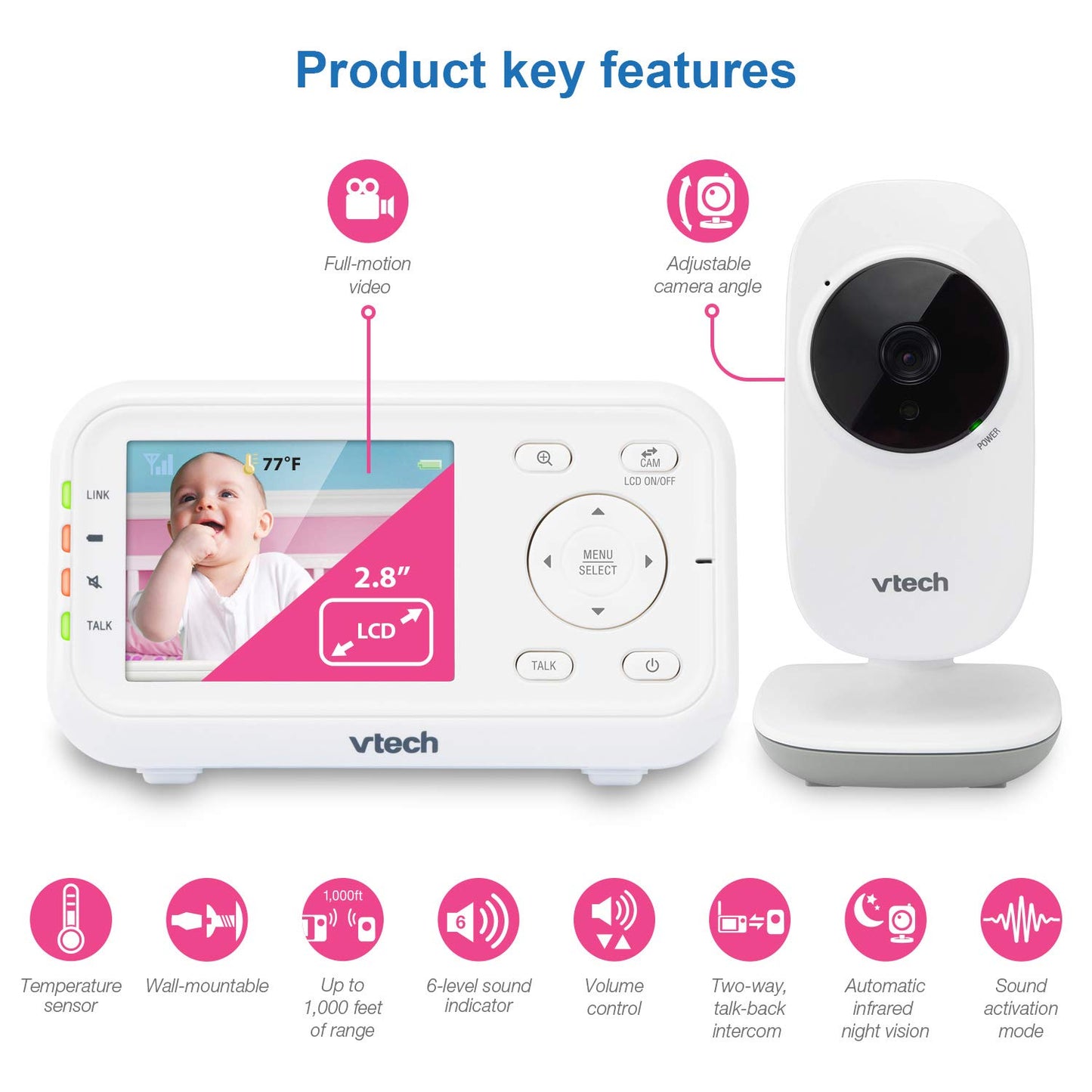 VTech Video Baby Monitor with 1000ft Long Range, Auto Night Vision, 2.8” Screen, 2-Way Audio Talk, Temperature Sensor, Power Saving Mode, Lullabies and Wall-mountable Camera with Bracket, White