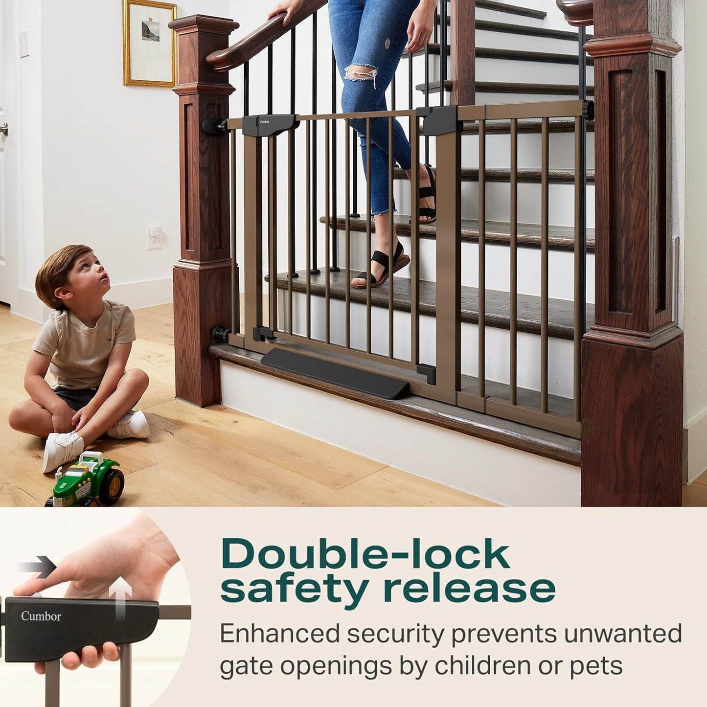 Cumbor 2 Pack 29.7-46" Baby Gate for Stairs, Mom's Choice Awards Winner-Auto Close Dog Gate for doorways, Easy Install Pressure Mounted Pet Gates indoor, Easy Walk Thru Wide Safety Gate for Dog, Brown