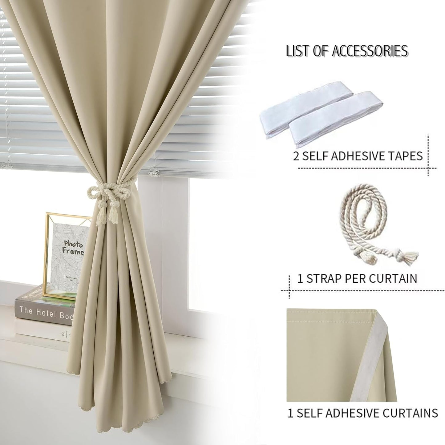 Self Adhesive Portable Blackout Curtains for Bedroom Easy to Install Window Thermal Lnsulated Kitchen Room Darkening Small Window Curtains, Cortinas Para Cuarto, 47"W X 59"L, Beige, 1 Panel