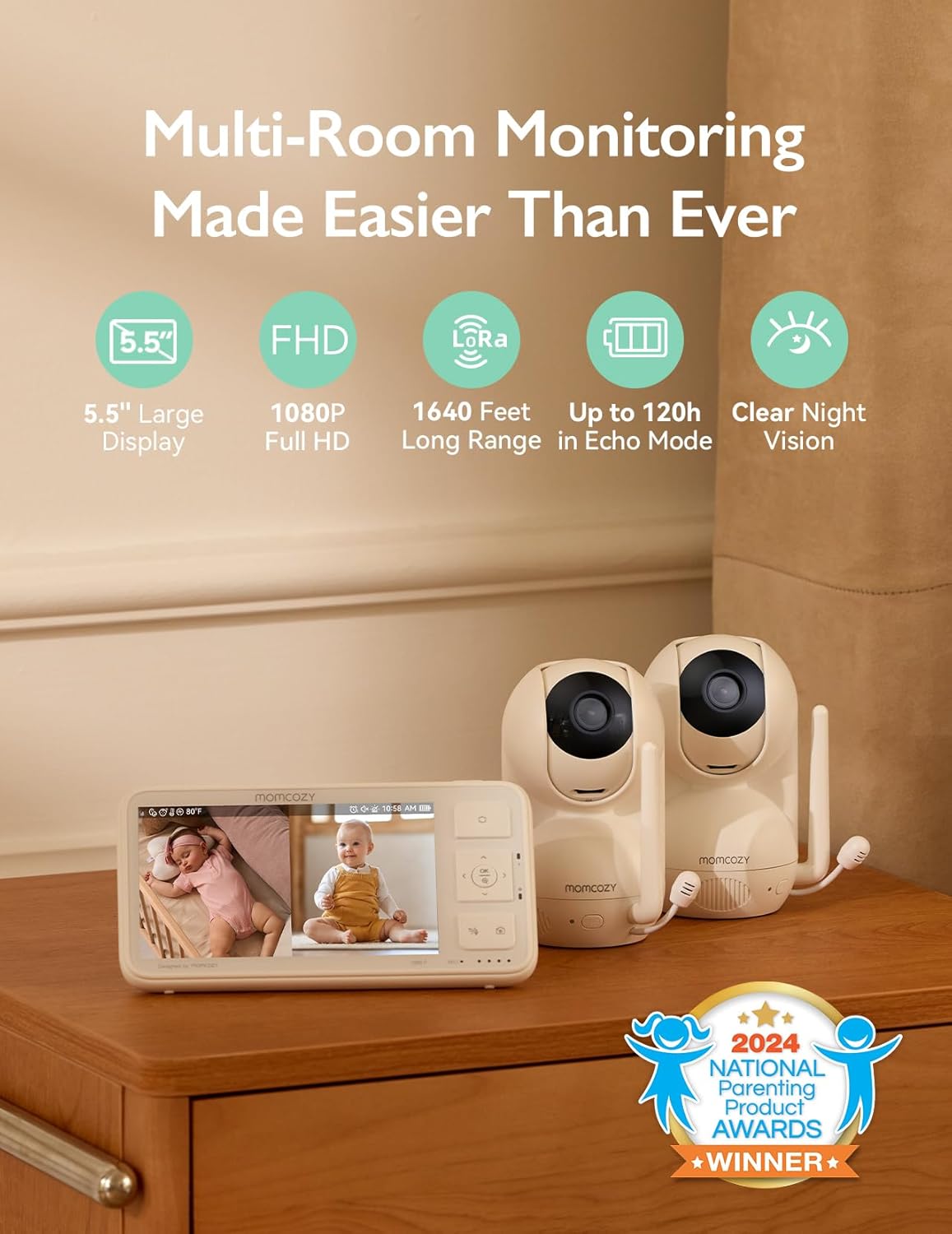 Momcozy Baby Monitor with 2 Cameras 5.5" 1080P Full HD Split Screen Video Baby Monitor with Camera and Audio, No WiFi 5000mAh Battery, ECO, VOX, Clear Night Vision 1640ft Range (SD Card not Included)