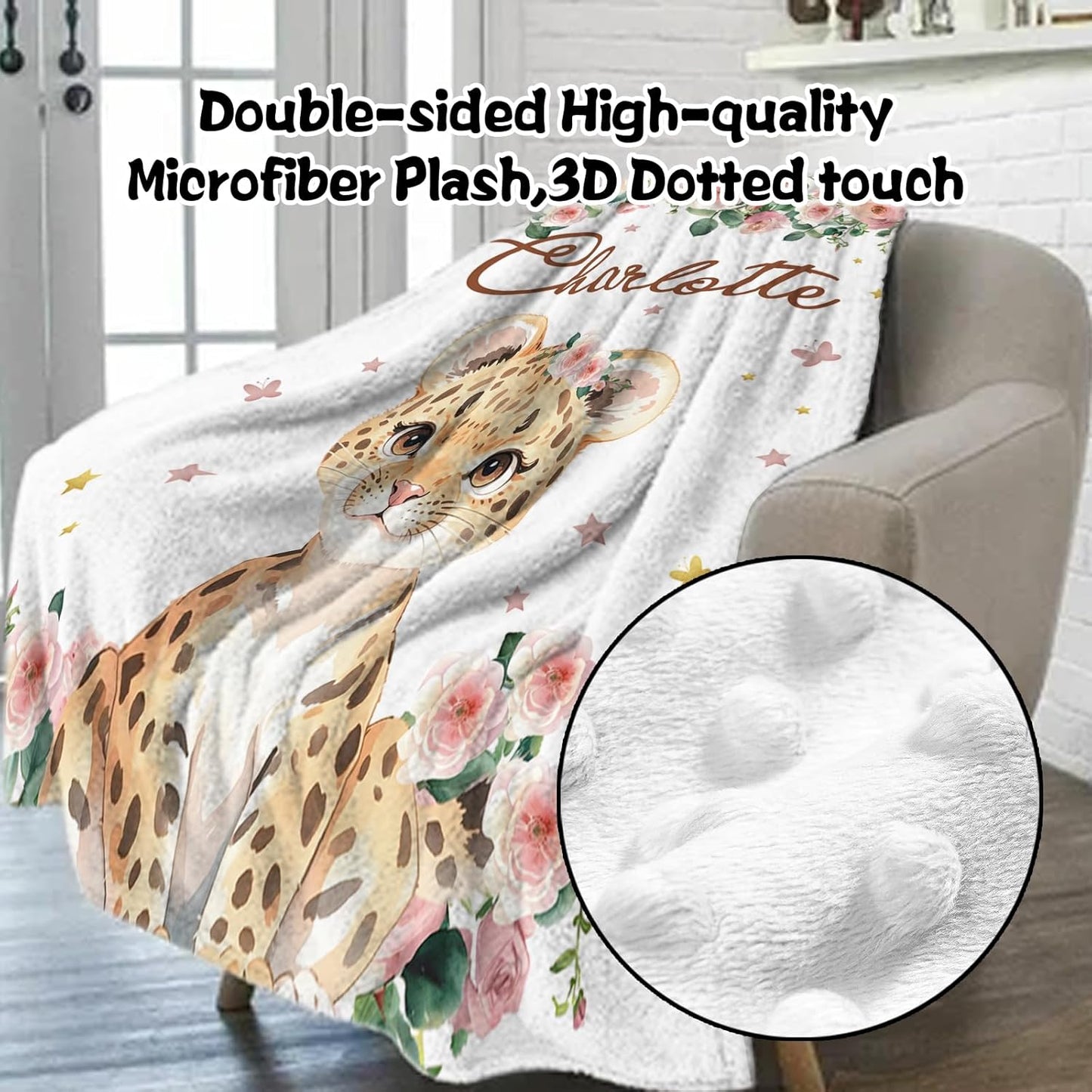 Custom Nursery Crib Bedding Set: Personalized Name 4 Piece Floral Leopard Design Baby Crib Sets for Girls - Toddler Double Layer Blanket Set, Comfortable Crib Bed Sheets for Baby Toddlers