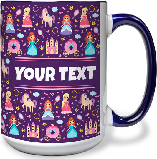Personalized Mug for Kids - Princesses - Custom Name/Text, Ceramic Hot Chocolate/Cocoa/Coffee Cup for Girls, Birthday/Christmas/Holiday Gift - 15 oz, Navy Blue Handle