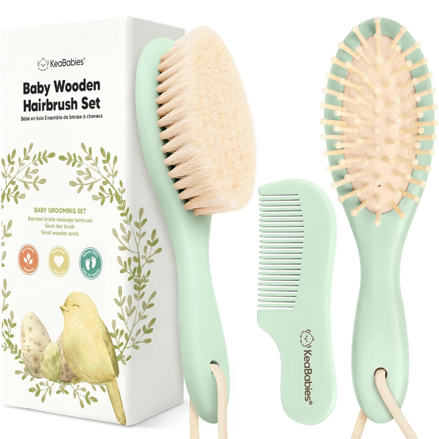 Baby Hair Brush and Comb Set for Newborn - Wooden Baby Hair Brush Set with Soft Goat Bristle, Baby Brush Set for Newborns, Baby Brush and Comb Set Girl, Boy, Toddler Cradle Cap Brush (Oval, Sage)