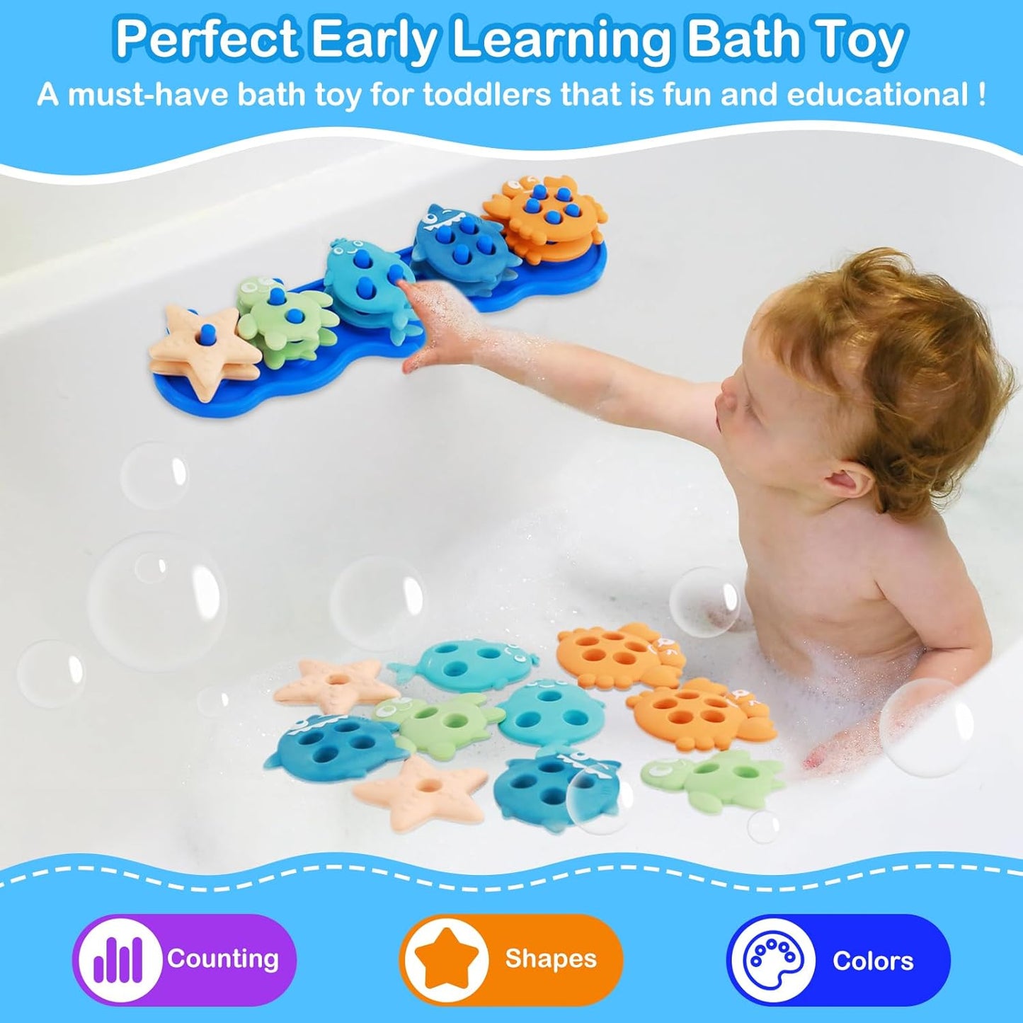 Baby Bath Toys, Mold Free Silcone Shape Sorting & Stacking Bath Toy Set with 10 Cute Floating Pieces, Color & Shape Sorter Toys for Toddler Early Learning Bathtub Fun