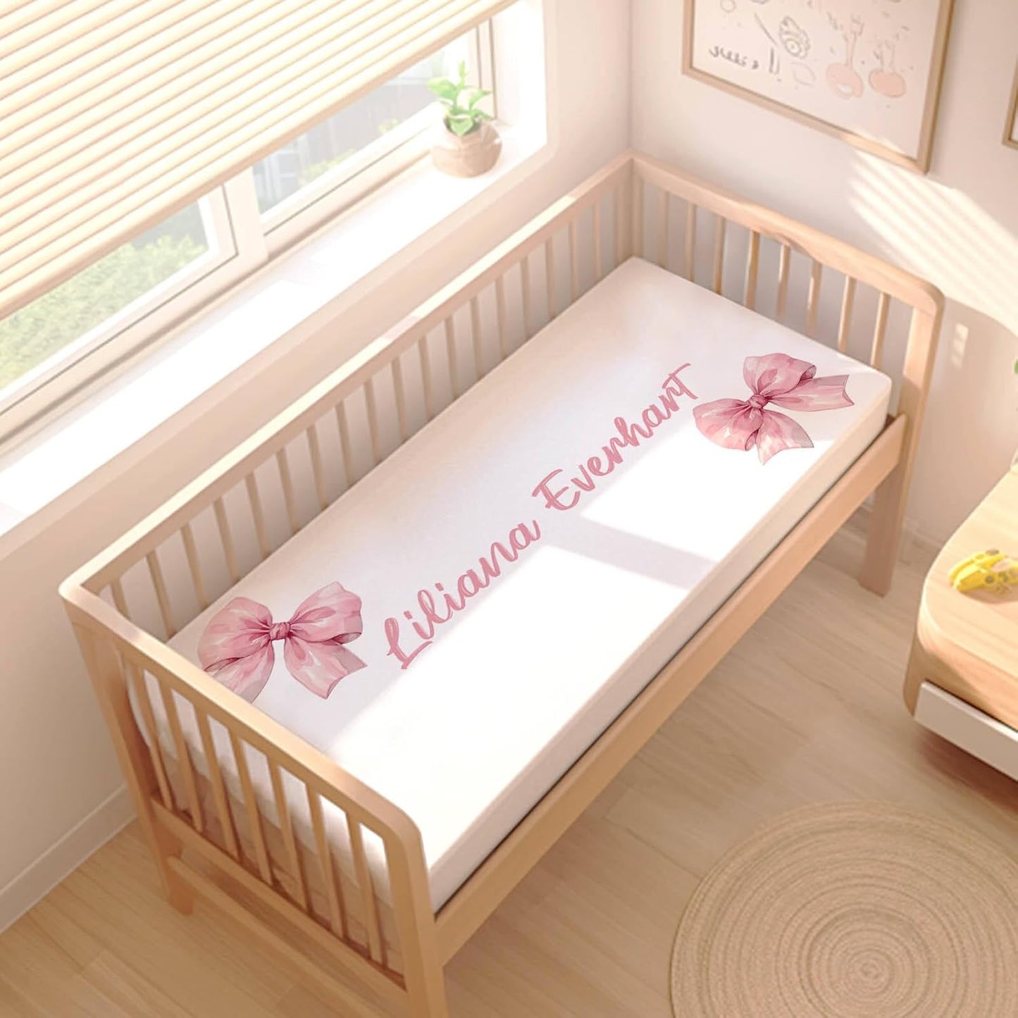 Personalized Baby Girl Crib Bedding Set – Custom Name Pink Bows 3-Piece Nursery Set with Soft Flannel Blanket, Fitted Sheet & Pillowcase – Infant & Toddler Bedding Gift