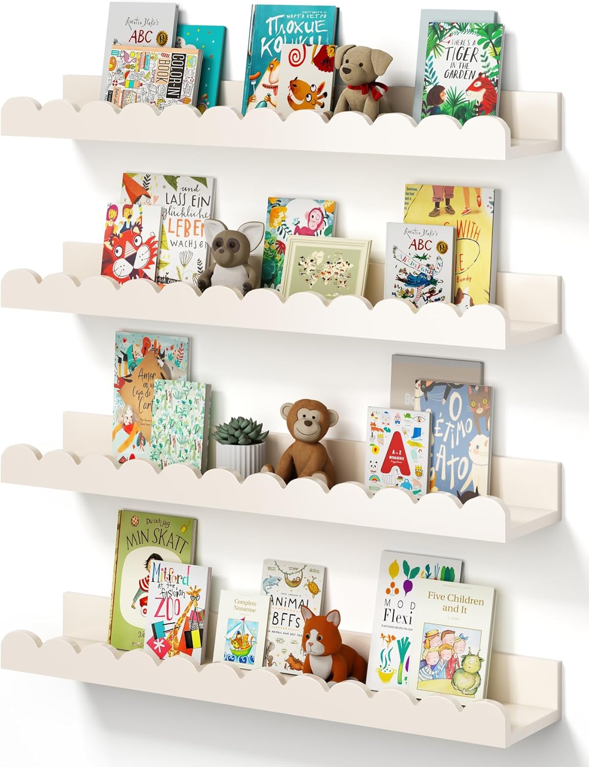 Scalloped Baby Book Shelf,Floating Shelves for Wall Set of 4 Solid Pine Wood Nursery Bookshelves with Wave Lip for Bedroom Kids, Toddler Room, Baby Room, Nursery Decor(White,40cm)
