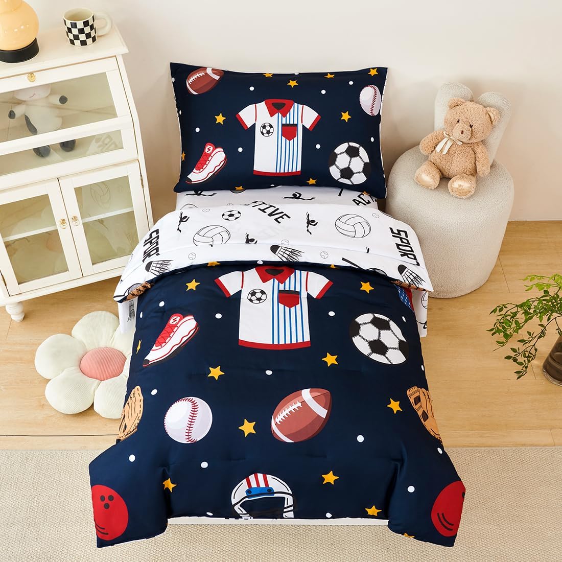 PERFEMET 4 Pieces Sports Toddler Bedding Sets for Boys Reversible Baseball Football Toddler Bed Set with Sheets Soft Fluffy Navy Blue Sport Kids Bed in a Bag for Bedroom(Sport, Toddler)