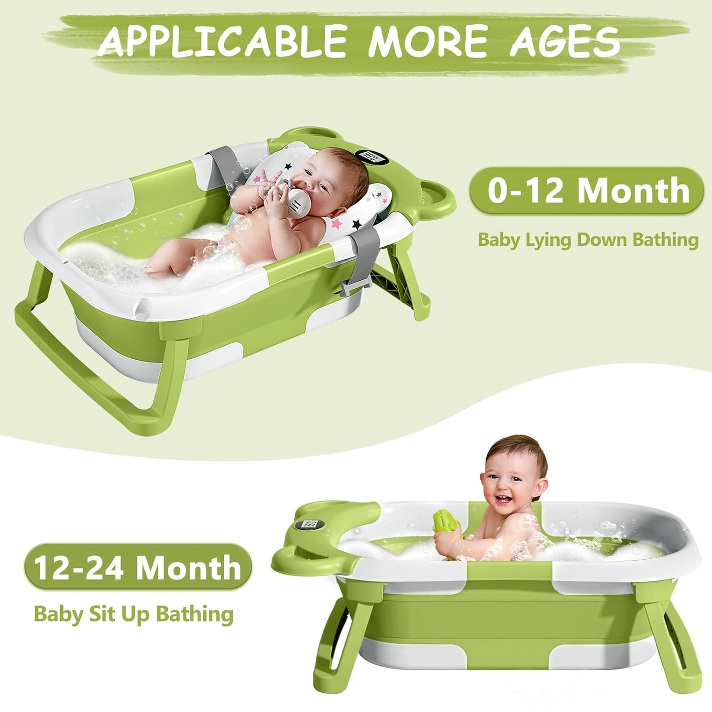 MoreFeel Collapsible Baby Bathtub for Newborn with Thermometer & 1 Hooded Towel & 1 Soft Floating Cushion,Portable Travel Bathtub with Drain Hole, Durable Foldable Baby Tubs for Infants to Toddler