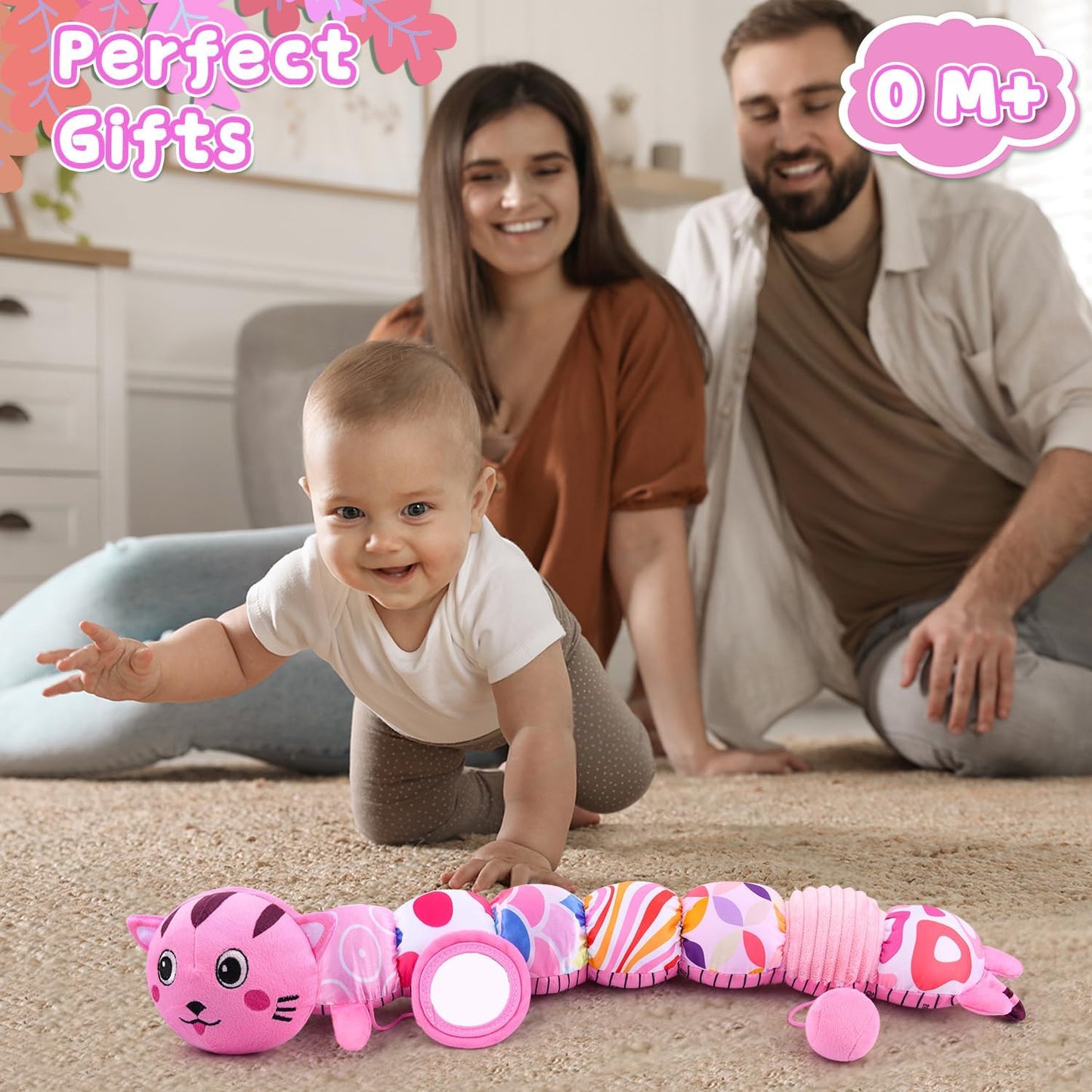 Baby Toys 0 to 12 Months, Stuffed Animal Infant Tummy Time Toys Sensory Toys with Crinkle Rattles Textures and Mirror Gifts for Newborn Boys Girls, Cat Caterpillar Musical Toys (Pink)