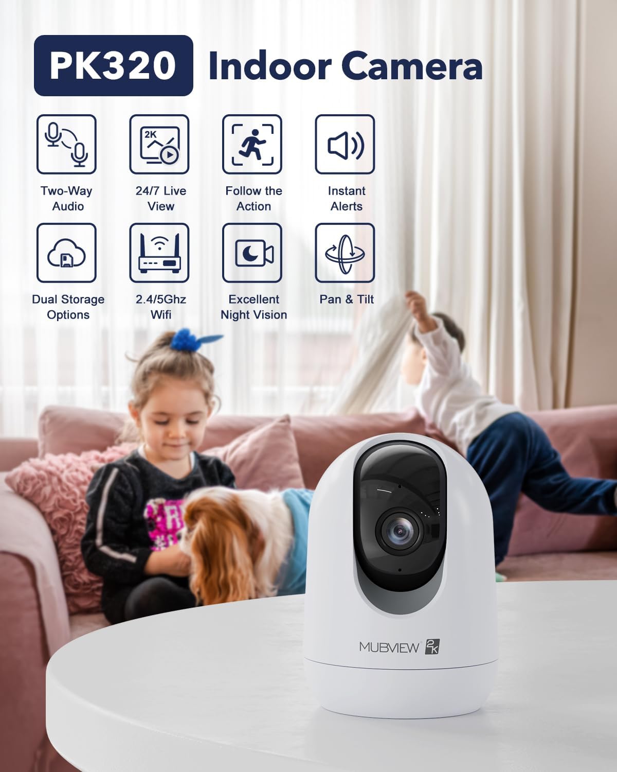 MUBVIEW Cameras for Home Security, Indoor Security Camera, 2.4/5GHz WiFi Wired Camera Ideal for Dog/Elder/Baby, Motion Tracking, Two-Way Audio, Pan Tilt, 7X24, 2K Night Vision PK320B-D