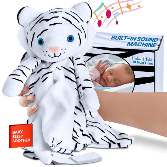Love By Emi Baby Music Lovey White Tiger, Baby Sleep Soother for Crib & Cuddle Bedtime, White Noise with a Heartbeat & Lullaby, Plush Sound Machine Toy, Stuffed Animal for Newborns, Infants & Toddlers